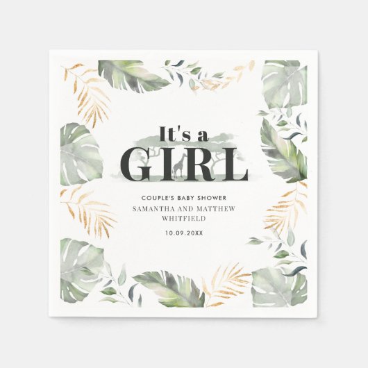 ボタニカルジャングルキレーフカップル赤ちゃんシャワー紙 スタンダードカクテルナプキン (正面)