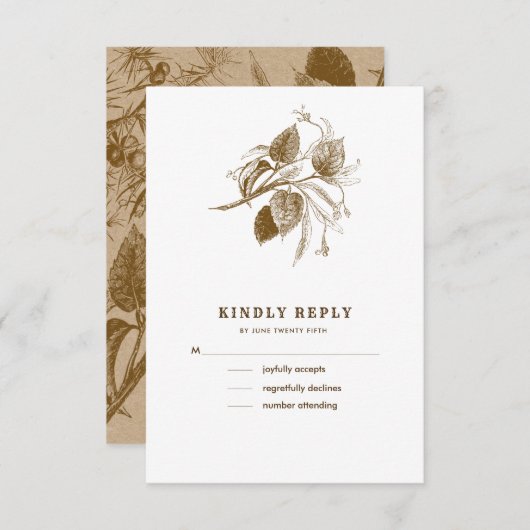 ボタニカルスケッチクラフト紙ウェディングRSVPカード 招待状 (正面/裏面)