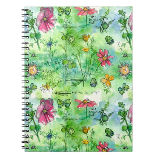 ボタニカルスケッチブックバタフライウォーター色の花 ノートブック (正面)
