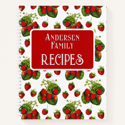 ボタニカルストロベリーイラストレーションプリントレシピ ノートブック (正面)