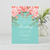 ボタニカルズ結婚コーラルフローラオンティール（緑がかった色） 招待状 (スタンド正面)