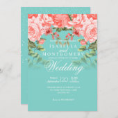 ボタニカルズ結婚コーラルフローラオンティール（緑がかった色） 招待状 (正面/裏面)