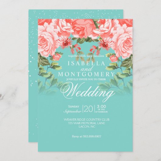 ボタニカルズ結婚コーラルフローラオンティール（緑がかった色） 招待状 (正面/裏面)