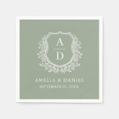 ボタニカルセージ緑の結婚クレストモノグラム スタンダードカクテルナプキン (正面)