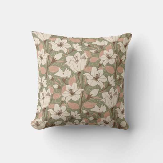 ボタニカルセージ緑ベージュリリールフローラルパターン クッション (正面)