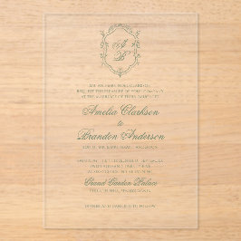 ボタニカルセージ緑モノグラム結婚クレスト アクリル招待状