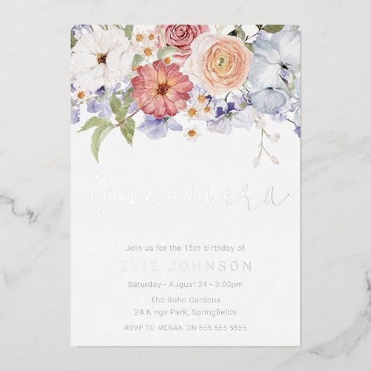 ボタニカルダスティブルーキンセアニェラパーティーシルバー 箔招待状 (正面)