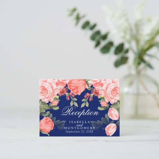 ボタニカルダークブルーとコーラルフラワー – 披露宴 エンクロージャーカード (スタンド正面)