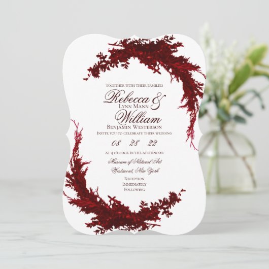 ボタニカルダーク赤と白結婚式招待状 招待状 (スタンド正面)