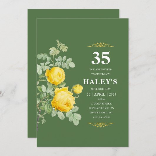 ボタニカルチックイエロー&グリーンフローラ35th誕生日 招待状 (正面/裏面)