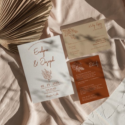 ボタニカルテラコッタフローラボホユニーク結婚ズ 招待状