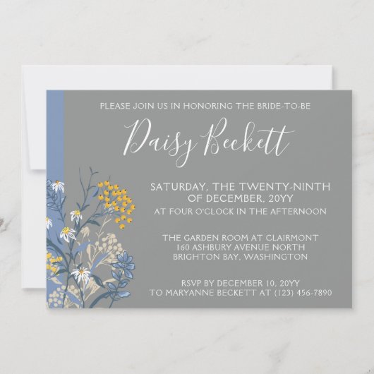 ボタニカルデイジーイエロー&ネイビーブルーブライダルシャワー 招待状 (正面)