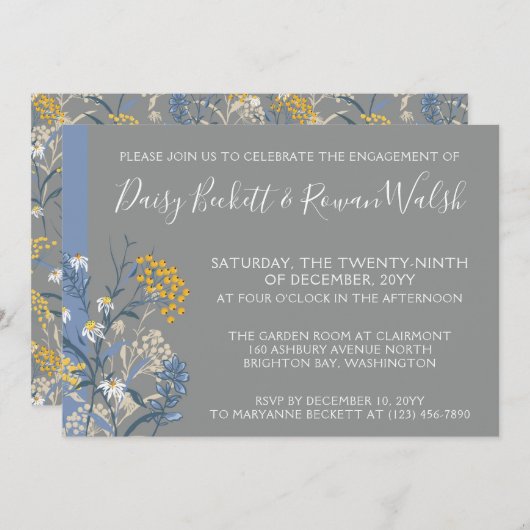 ボタニカルデイジーイエロー&ネイビー婚約パーティ 招待状 (正面/裏面)
