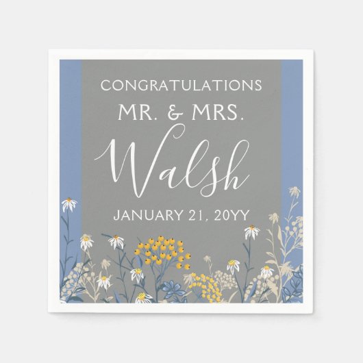 ボタニカルデイジーフローライエロー&ネイビーブルー結婚ズ スタンダードカクテルナプキン (正面)