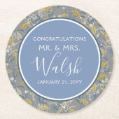 ボタニカルデイジーフローライエロー&ネイビーブルー結婚ズ ラウンドペーパーコースター (正面)