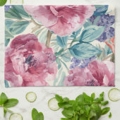 ボタニカルデザインの芍薬の水彩画 ラベンダーの花 フローラル キッチンタオル (折り畳み)