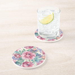 ボタニカルデザインの芍薬の水彩画 ラベンダーの花 フローラル コースター
