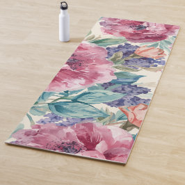 ボタニカルデザインの芍薬 水彩画 ラベンダーの花 フローラル ヨガマット