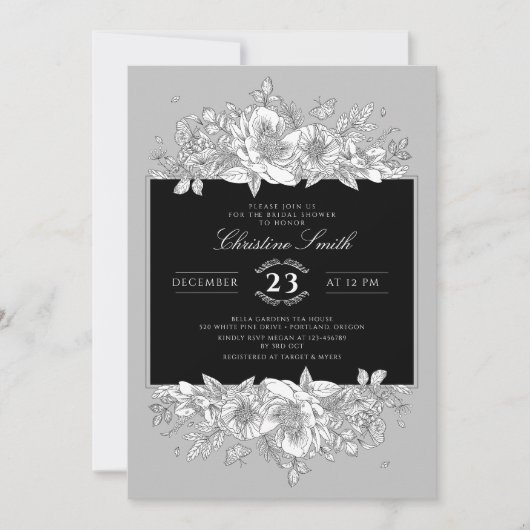 ボタニカルトレンディーグレーブラックラインアートブライダルシャワー 招待状 (正面)