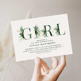 ボタニカルトロピカルグリーン&金ゴールドガールベビーシャワー 招待状