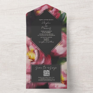 ボタニカルドラマチック暗いフローラ結婚式RSVP QR オールインワン招待状