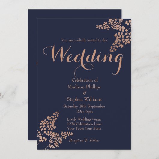 ボタニカルネイビーブルーとバラ金ゴールド結婚ズ 招待状 (正面/裏面)