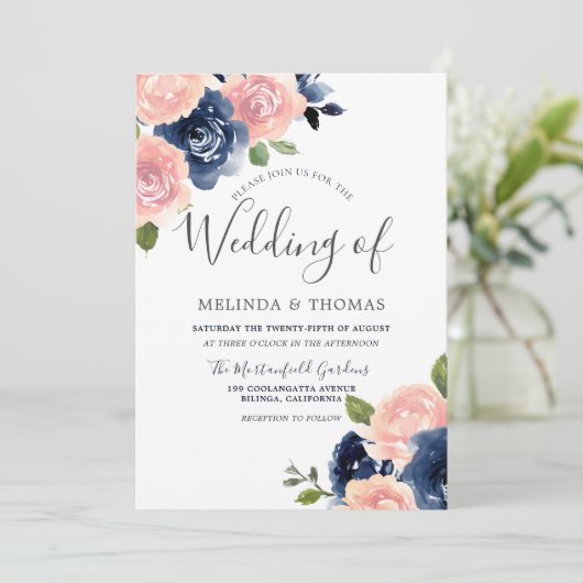 ボタニカルネイビー&赤面フラワーエレガントな結婚式 招待状 (スタンド正面)