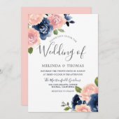 ボタニカルネイビー&赤面フラワーエレガントな結婚式 招待状 (正面/裏面)