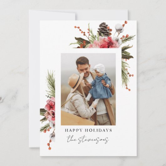 ボタニカルハッピーホリデーズフォトホリパーソナライズされたーダ シーズンカード (正面)