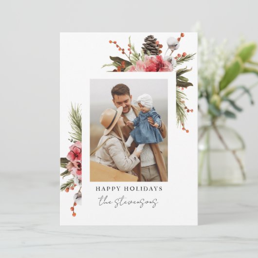 ボタニカルハッピーホリデーズフォトホリパーソナライズされたーダ シーズンカード (スタンド正面)