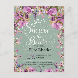 ボタニカルバイオレットフローラフレームミニティブライダルシャワー インビテーションポストカード