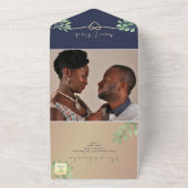 ボタニカルバラ金ゴールドネイビーフォト結婚ズ オールインワン招待状 (外側)