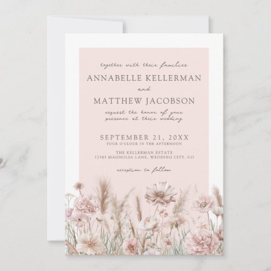 ボタニカルパンパフローラ赤面ピンクボホ結婚ズ 招待状 (正面)