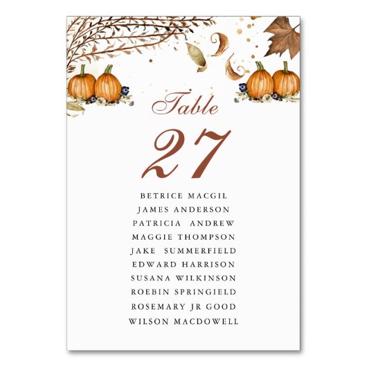 ボタニカルパンプキ素朴ン秋の結婚式ゲスト名 テーブルナンバー (裏面)
