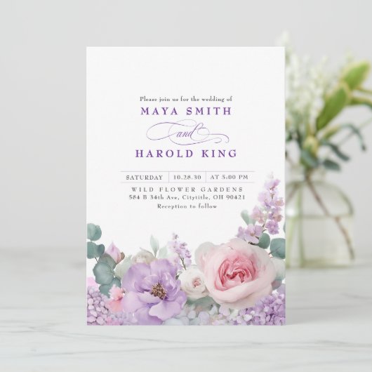 ボタニカルパープルとピンクのフローラボホ結婚ズ 招待状 (スタンド正面)