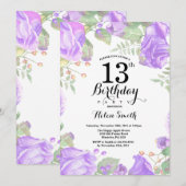 ボタニカルパープルフラワーの13歳誕生日招待状 招待状 (正面/裏面)