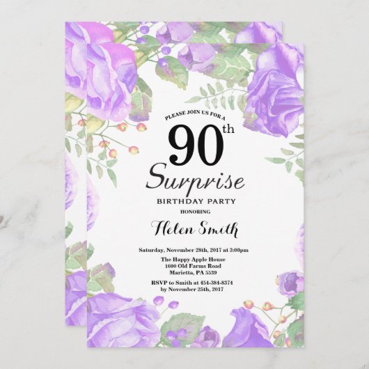 ボタニカルパープルフローラサプライズ90誕生日 招待状 (正面/裏面)