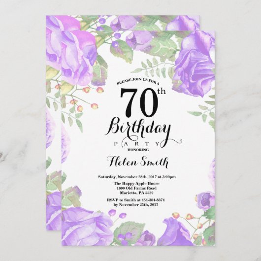 ボタニカルパープルフローラ70番目の誕生日招待状 招待状 (正面/裏面)