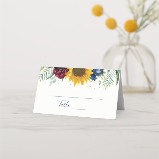 ボタニカルヒマワリフローラ金ゴールドグリッター プレイスカード (正面)