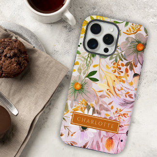 ボタニカルビューティー ピンクオレンジの花柄 iPhone 15 PRO MAXケース
