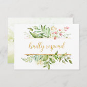 ボタニカルピンクの花ウォーターカラースプラッシュRSVP 出欠カード (正面/裏面)