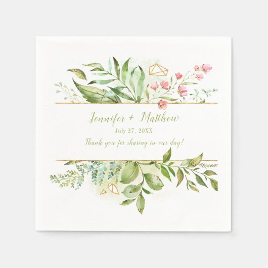 ボタニカルピンクの花金ゴールド幾何学的披露宴 スタンダードカクテルナプキン (正面)