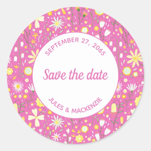 ボタニカルピンクの野花フローラ保存日 ラウンドシール (正面)