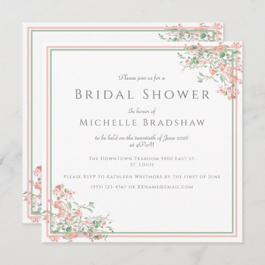 ボタニカルピンクアンドグリーンボホブライダルシャワー 招待状 (正面/裏面)