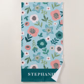 ボタニカルピンクアンドブルー春ガーデンパーソナライズされた ビーチタオル (正面)