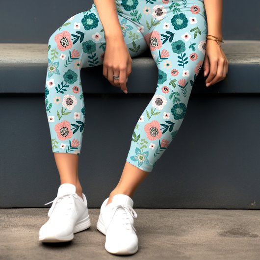 ボタニカルピンクアンドブルー春ガーデンフローラ カプリレギンス