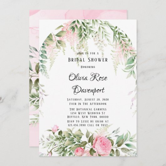 ボタニカルピンクウィステリアフローラブライダルシャワー 招待状 (正面/裏面)