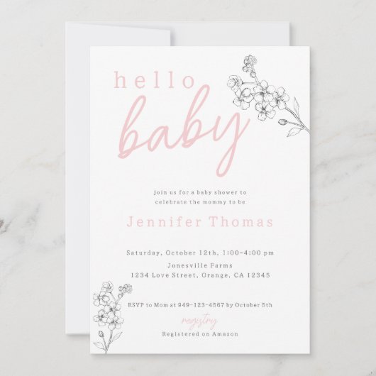 ボタニカルピンクハローベビーベビーシャワー招待状 案内状 (正面)