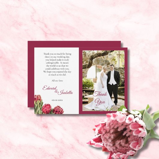 ボタニカルピンクプロテアフローラブルゴーニュ感謝してい写真 サンキューカード