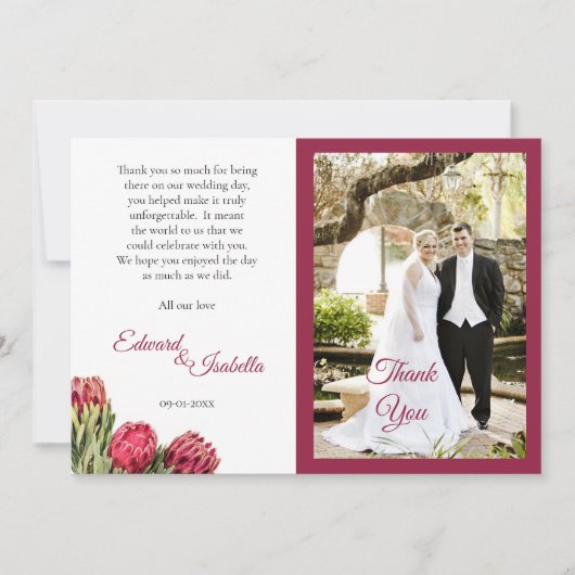 ボタニカルピンクプロテアフローラブルゴーニュ感謝してい写真 サンキューカード (正面)